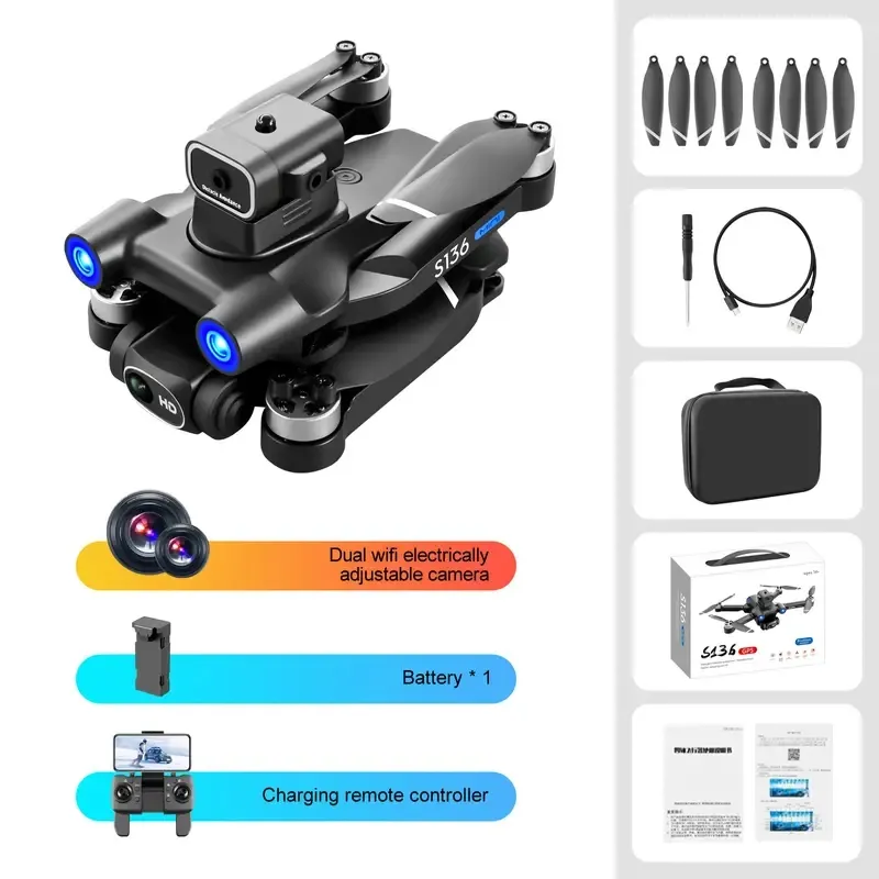 Drone RC GPS S136 da 1 pezzo: potenti motori brushless, doppia fotocamera regolabile, evitamento degli ostacoli, funzionamento con un solo tasto, quadricottero UAV