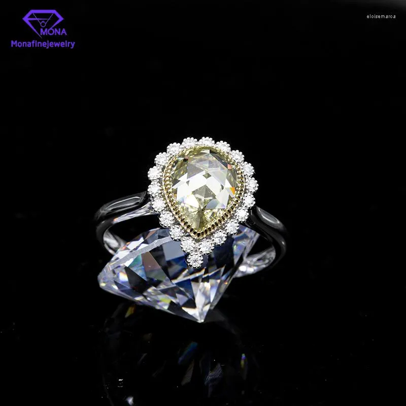 Cluster-Ringe, 4 x 6 mm, Farbe, seitlicher Birnenschliff, Moissanit-Edelstein, 9 Karat Weißgold, luxuriöser, modischer, runder, funkelnder Diamantring