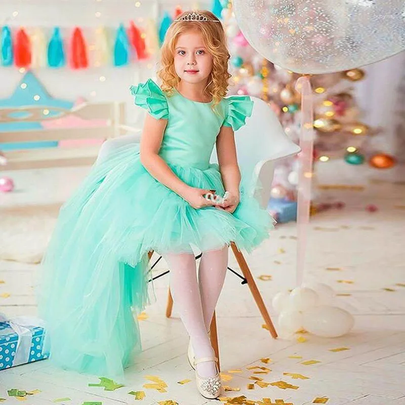 Kız Elbiseler Nane Aline Toddler Çiçek Ruffles Kes Prenses Cemaati Doğum Günü Pageant Robe de demoiselle