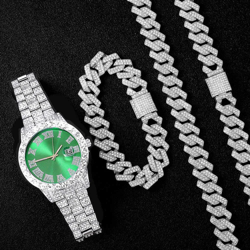 Strängar Hip 16mm Prong Necklace +Baguette Watch +Armband Hop Cuban Chain Iced Out Paled Rhinestones CZ Bling for Men smycken 230613