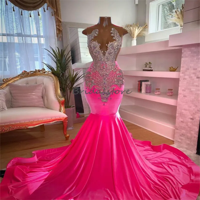 Luxury Pink Crystal Mermaid Pink Mermaid Prom Dress With