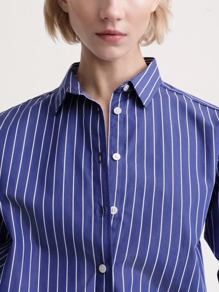 Women's Blouses 2023 Summer Women Navy Blue Classic Striped Silhouette Shirt Long-Sleeved Loose Single-Breasted Blouse Tops