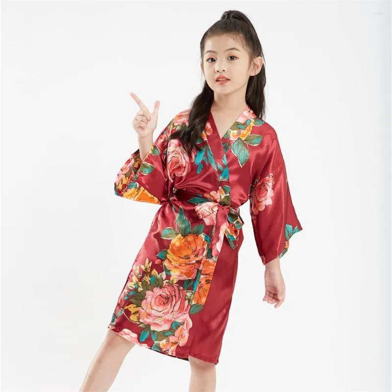 Women's Sleepwear Girls Burgundy Flower Print Robes Kimono Yukata Pajamas Bathrobe Kids Summer Asian Leisure Nightgown