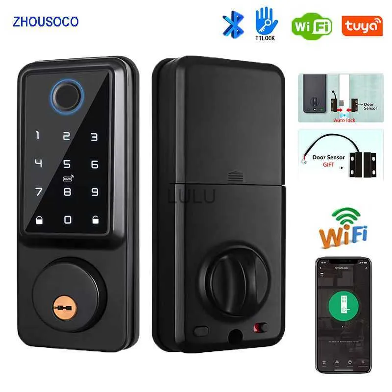 Fechaduras de porta Tuya APP WIFI Fechadura eletrônica automática Ttlock Impressão digital Deadbolt Fechadura de porta inteligente Senha Chave de cartão IC Fechadura digital para casa HKD230902