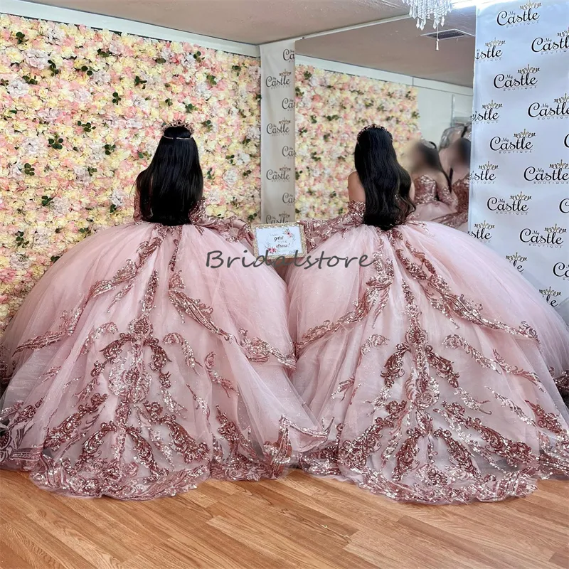 Princess Pink Sequin Quinceanera Dresses 2023 with Sleeve Glitter Bling Birthdy XV Vestido de 15 Anos Birthdy Prom Parkle Charro Vestidos Para XV Anos