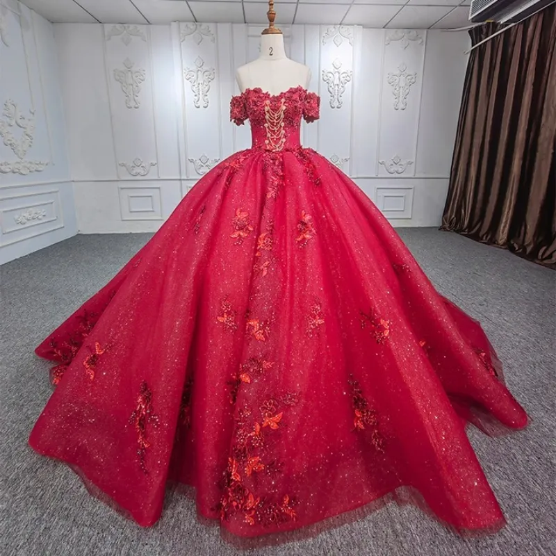 Vermelho brilhante fora do ombro vestidos quinceanera princesa vestido de baile tule rendas até apliques flor doce 15 16 vestido balll gwon