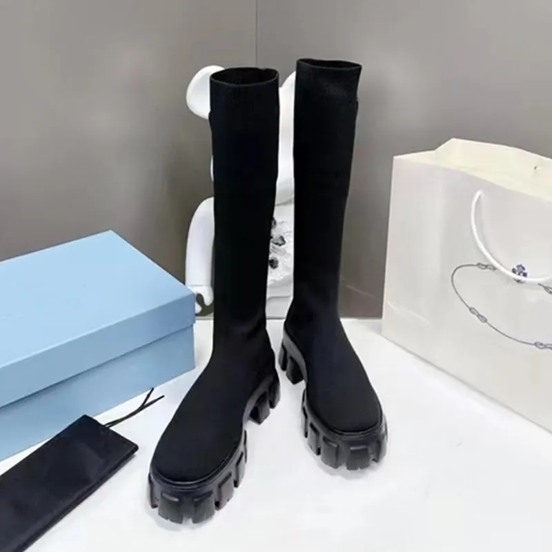 New Cuff Rib Socks Low Heel High Boots Stretch Knit Black Leather Biker Over the Knee Boots Women