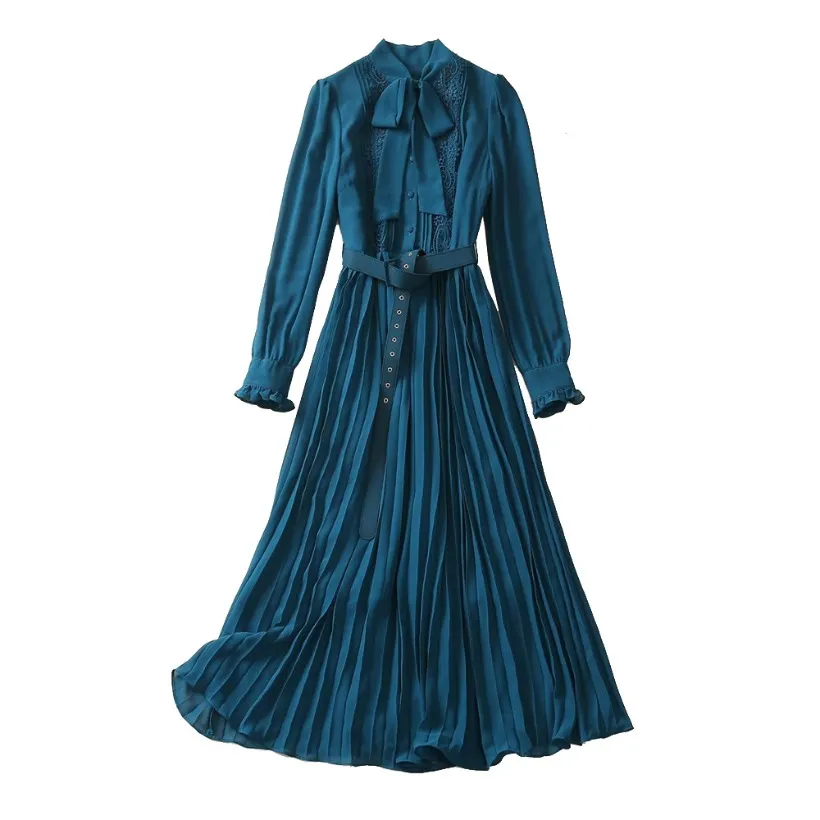 Automne bleu couleur unie ruban cravate robe à nœud à manches longues col rond plissé Midi robes décontractées A3Q191340 grande taille XXL