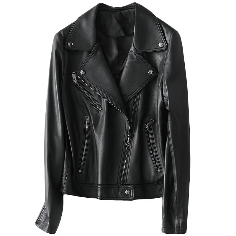 Jaqueta de couro real feminina, jaqueta de couro preta, casaco de motociclista com zíper, casaco primavera outono m l xl