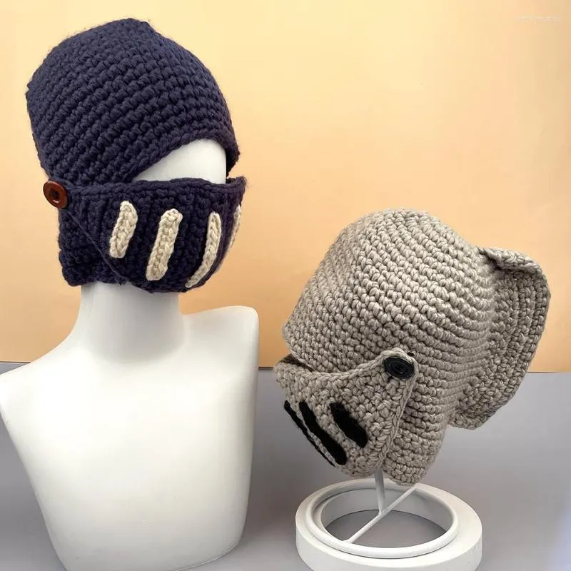 Berets 2023 Knitted Roman Hat With Mask Earflap Russian Bomber Hats For Men Handmade Knight Balaclava Beanie Ushanka Caps