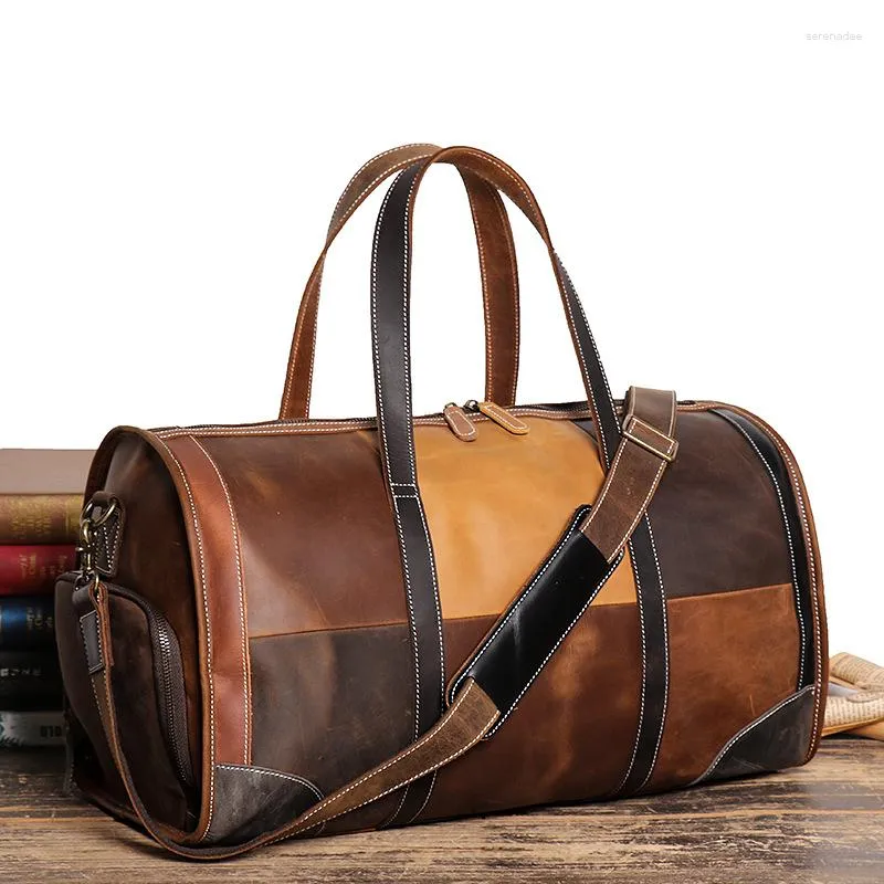 Duffel bags homens/mulheres grande bagagem saco de viagem luxo unisex lazer fim de semana mala cavalo louco couro duffle weekender