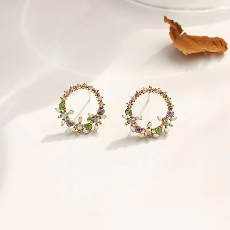 Stud Earrings 2023 Korean Colorful Rhinestone Wreath For Women Sweet Flower Shell Bohemia Style Earring Party Jewelry