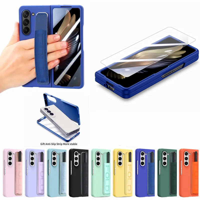 Fold5 Anti Slip Strip Hard PC Telefonfodral för Samsung Galaxy Z Fold 5 Wristand Design Pen Slot Folding Shell With Glass Film