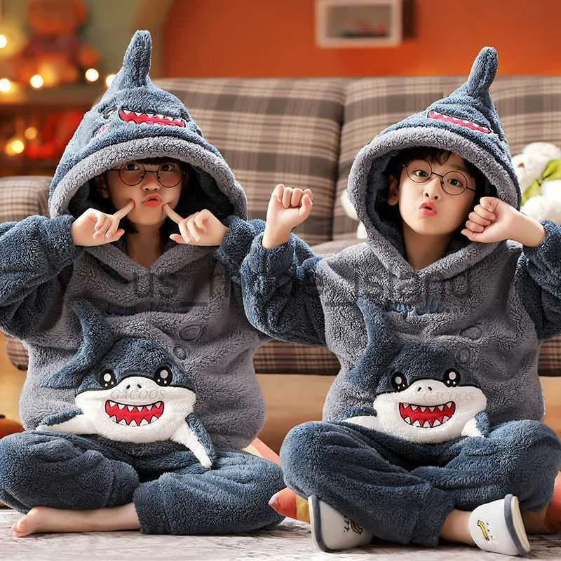 Kids Shark Anime Winter Pajama Set Thicken Coral Fleece Childrens