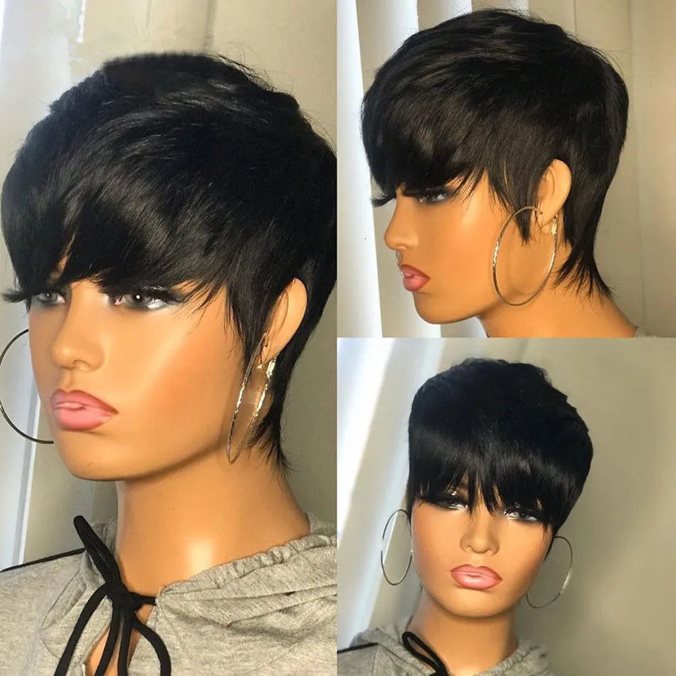 Синтетические парики Короткие человеческие парики волос Pixie Cut Straight Perruque Bresillienne для чернокожих женщин -машины, сделанных париками с челками, бесцветным париком 230901