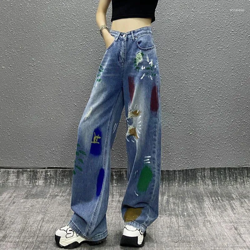 Kvinnors jeans sommar cool målade hål casual kvinna hög midja löst utseende tunn rak vilda breda ben mopping byxor y2k
