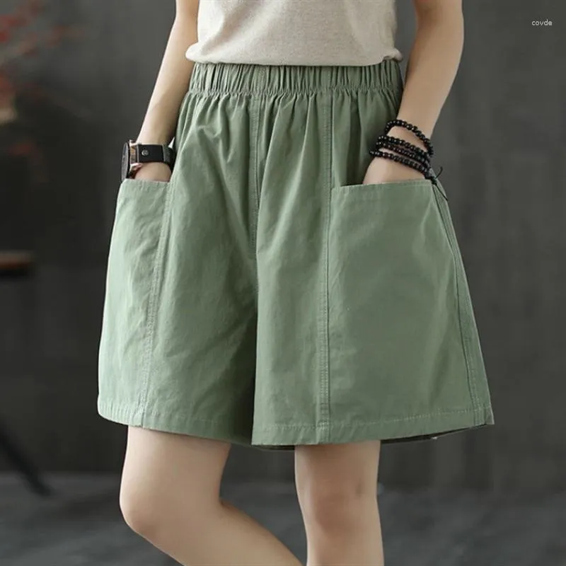 Women's Pants Pocket Shorts Summer Straight Casual Wide-leg Cotton Loose Overalls Plus Size Elastic Waist Wearing Underpants