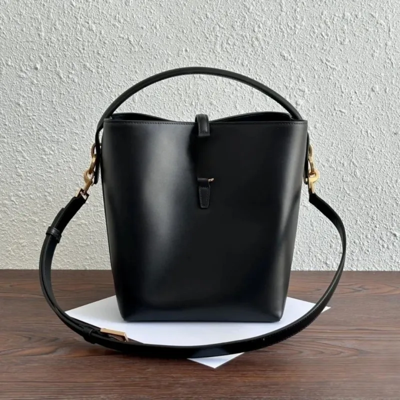 LE 37 Shiny Leather Black Bucket Handbag Designer 2 In 1 Shoulder And ...