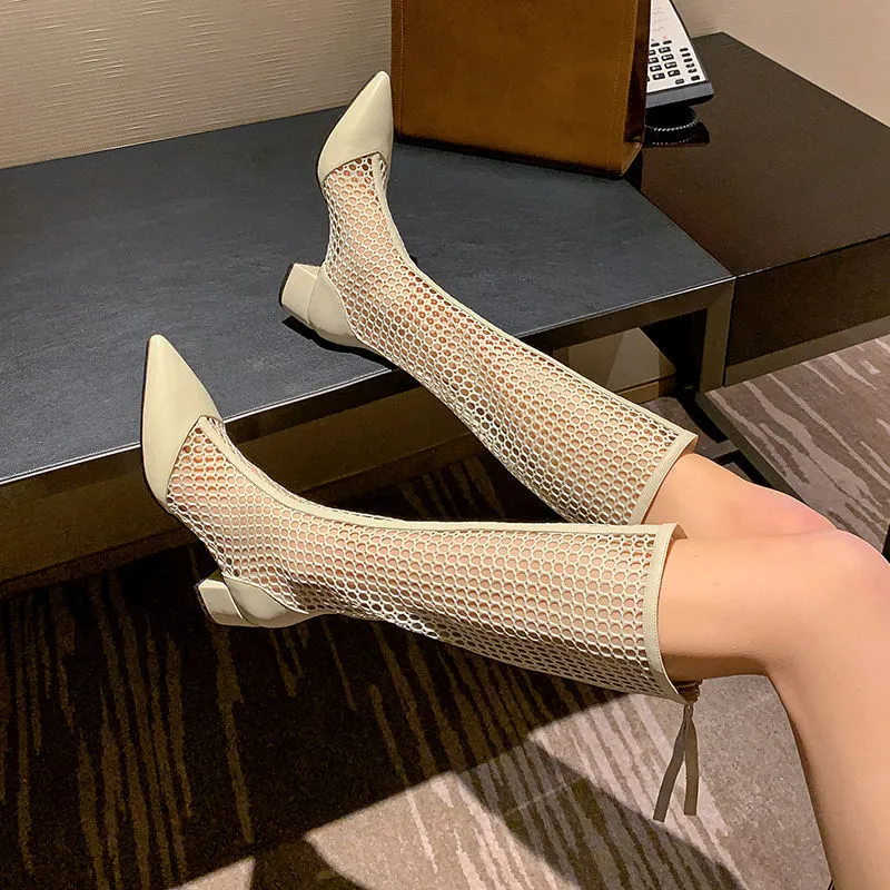 Kvinnliga sandaler stövlar sommaren ny gladiator zipper mesh andningsbara med klackar mode stövlar designer sko zapatos de mujer
