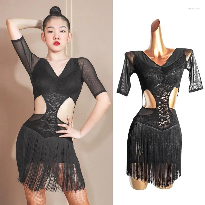 Bühne tragen Latin Dance Kleid Frauen Ausschnitt Taille Schwarz Spitze Fransen Sommer Praxis Kleidung Rumba Leistung VDB3594