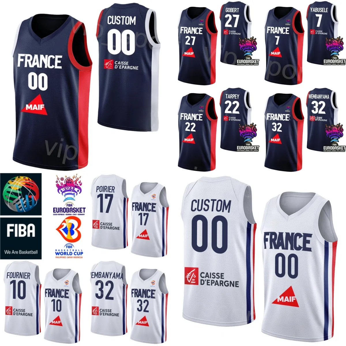 Tryckt 2023 VM Frankrike Jersey Basketball 32 Victor Wembanyama 10 Evan Fournier 5 Nicolas Batum Joel Embiid 21 Rudy Gobert 27 77 Damien Inglis Mathias Lessort