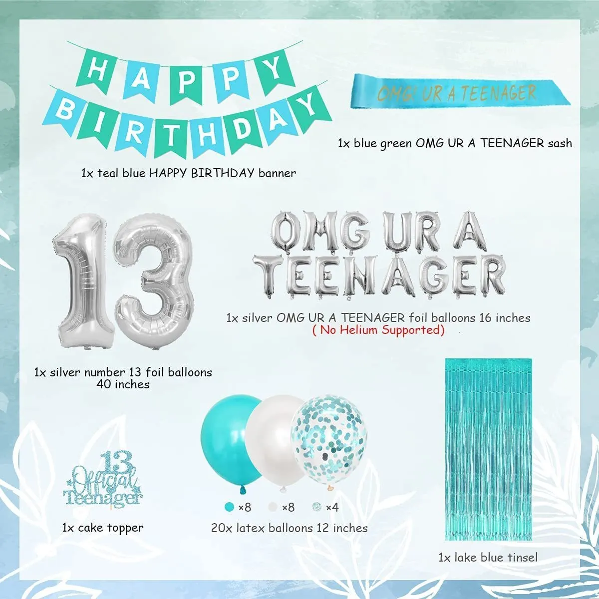 13th Birthday Decorations For Girls - Teal Theme With Cake Topper, Sash, Banner, Balloons, Birthday Supplies Kit