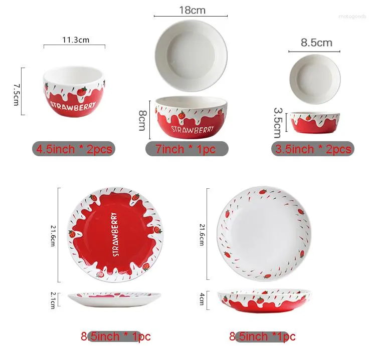 Dinnerware Sets 7pcs Set Embossed Porcelain Dinner Plate And Bowl Cute Strawberry Ceramic Service Crockery Servies Borden