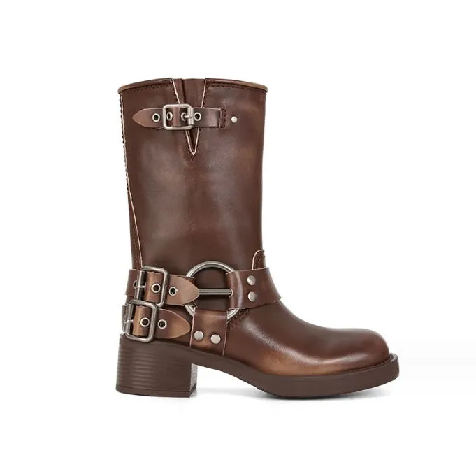 Retro Brown Long Boots Metal Coremer