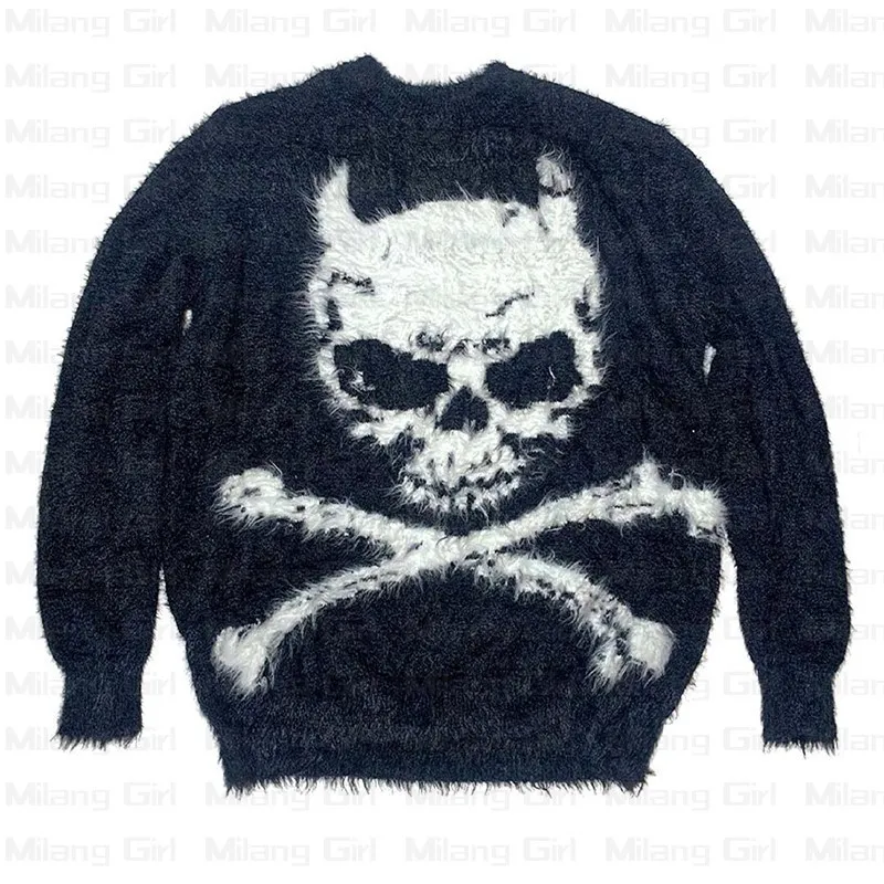 Men's Sweaters Y2K Harajuku vintage Demon Skull knitted sweater men winter oversized men's rock hip hop rap pullover women jumper ugly sweater 230901