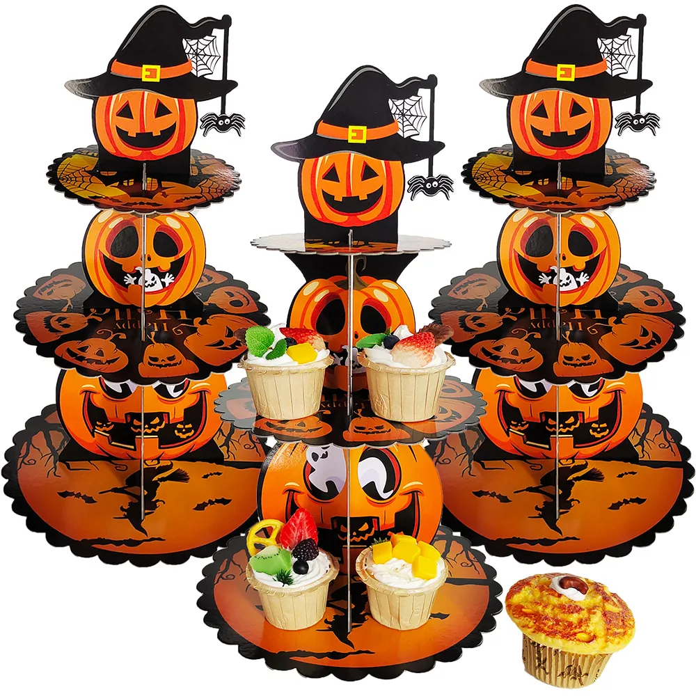 Dekorativa objekt Figurer 3 Layer Halloween Cupcake Stands Dessert Paper Stand Holders Pumpkin Diy Cake Craft Rack Tray Decoration 2023 230901