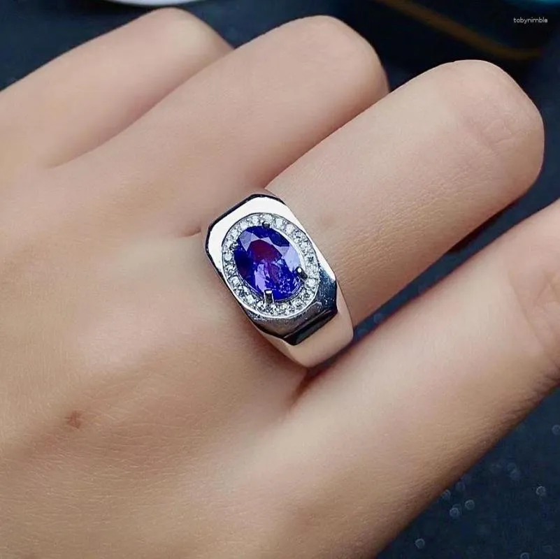 Cluster Rings 6mm 8mm VVS Grad Natural Tanzanite Silver Ring For Man Fashion 925 SMYELLT