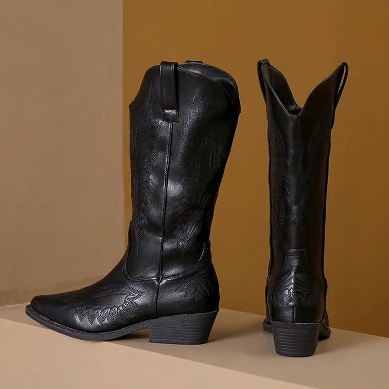 Brown Western Cowboy Cowgirl Western Boots Woman Embroidery Long Boots Slip on Fashion Ladies Chunky Heel Pointed Toe Boot For Girls Party Shoes