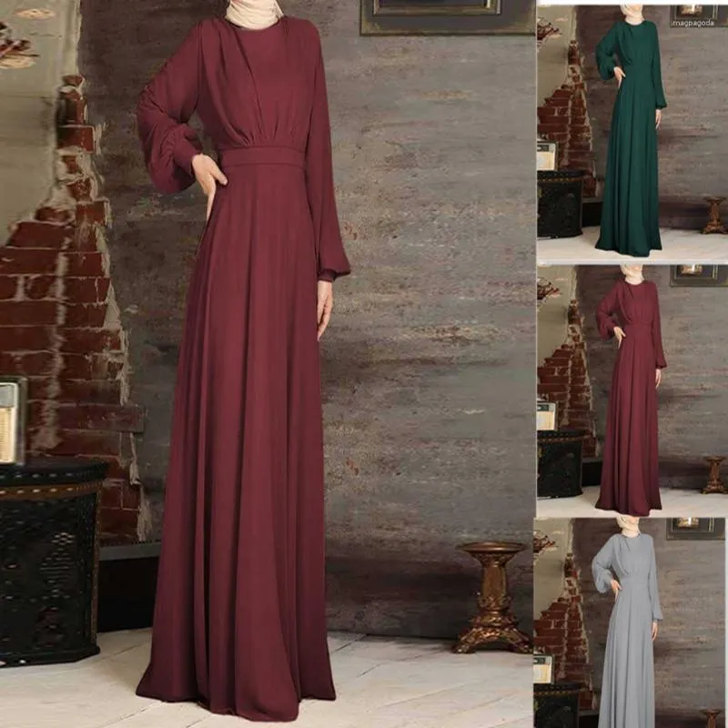 Roupas étnicas Sólido Muçulmano Eid Vestido Mulheres O Pescoço Manga Longa Elegante Turco Abaya Kaftan Isamic Party Vestidos Ramadan Caftan Vestidos