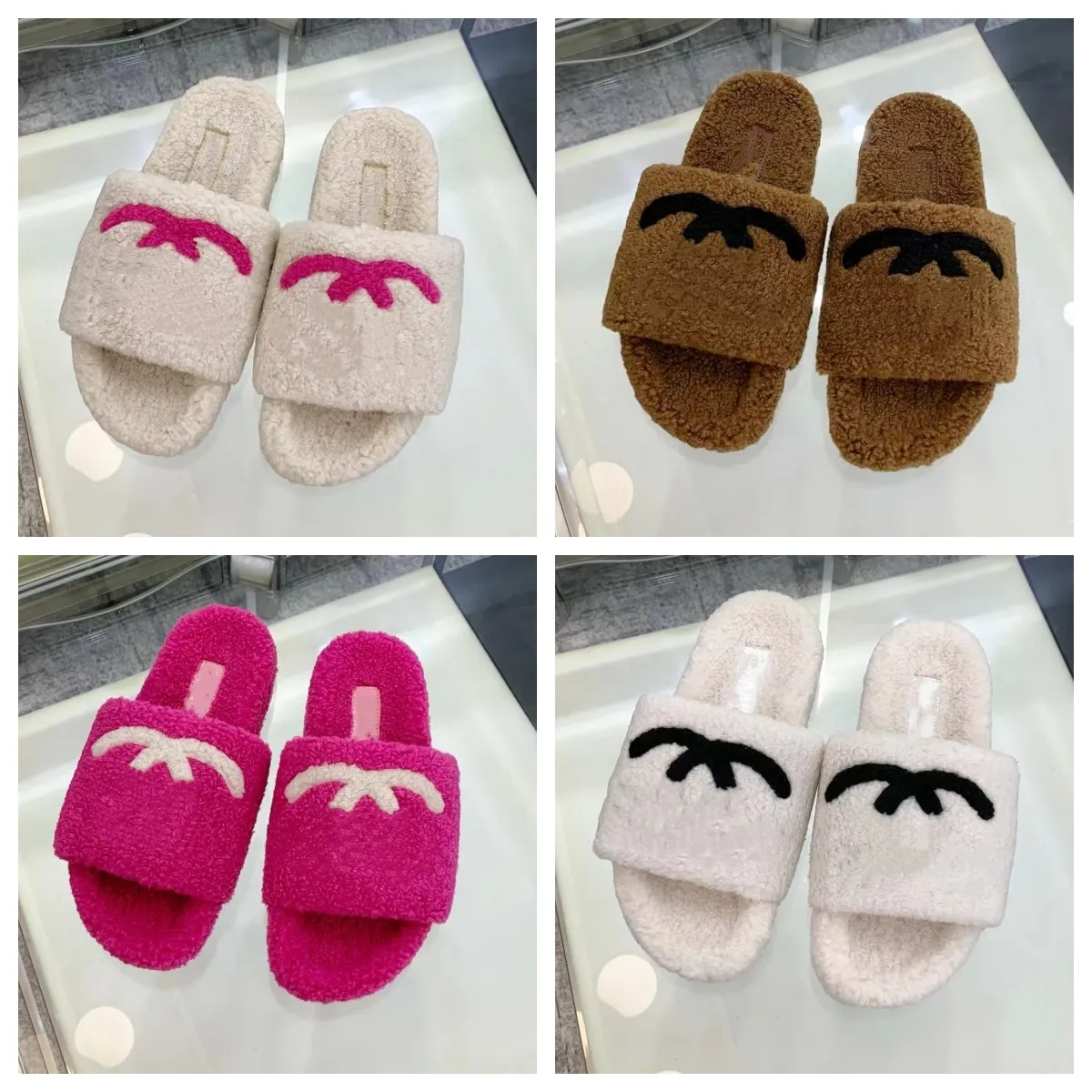 Hochwertige Designer-Luxus-Damenhausschuhe für Damen, neue Winter-Wollrutschen, bequeme Fuzzy-Mädchen-Flip-Flop-Slipper, Pelz, flauschig, pelzig, warme Buchstaben-Sandalen mit Box