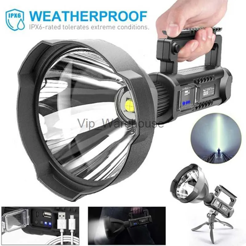 Facklor P90 Portabel kraftfull LED -ficklampa Monterbar konsol Handhållen sökljus USB -uppladdningsbar Spotlight Waterproof Torch Light HKD230902