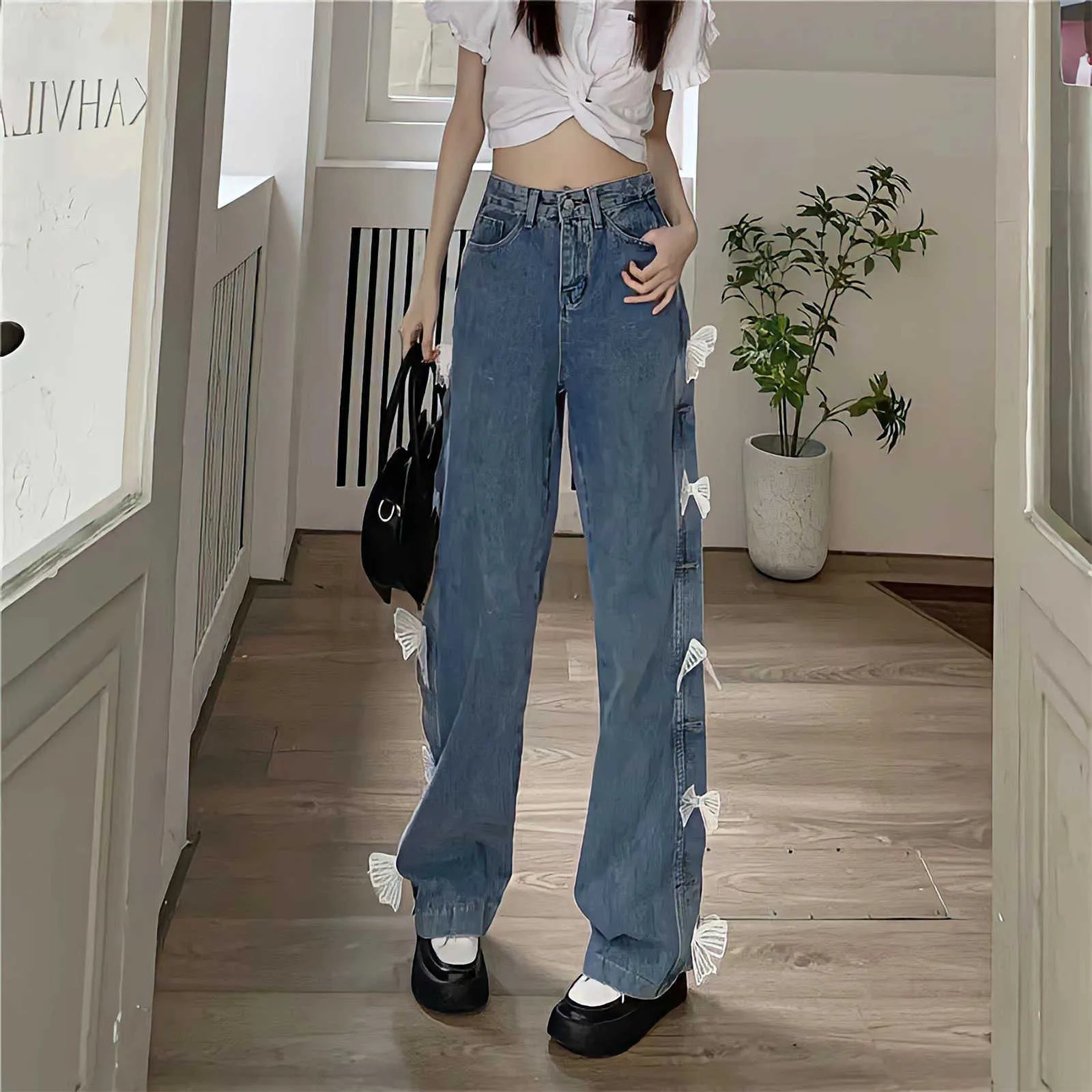Kawaii High Waist Lace Bow Denim Pants For Women Loose Straight Fit, Y2K  New Korean Fashion, Harajuku Streetwear, Wide Leg Wide Leg Trouser Jeans  Q230901 From Psychoo, $10.3