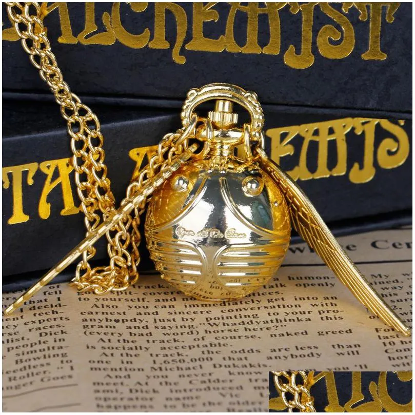 Pocket Watches Vintage Snitch Ball Shaped Quartz Watch Lovely Sweater Angel Wings Necklace Chain Gifts For Men Women Kids Drop Deliver Dh7Us