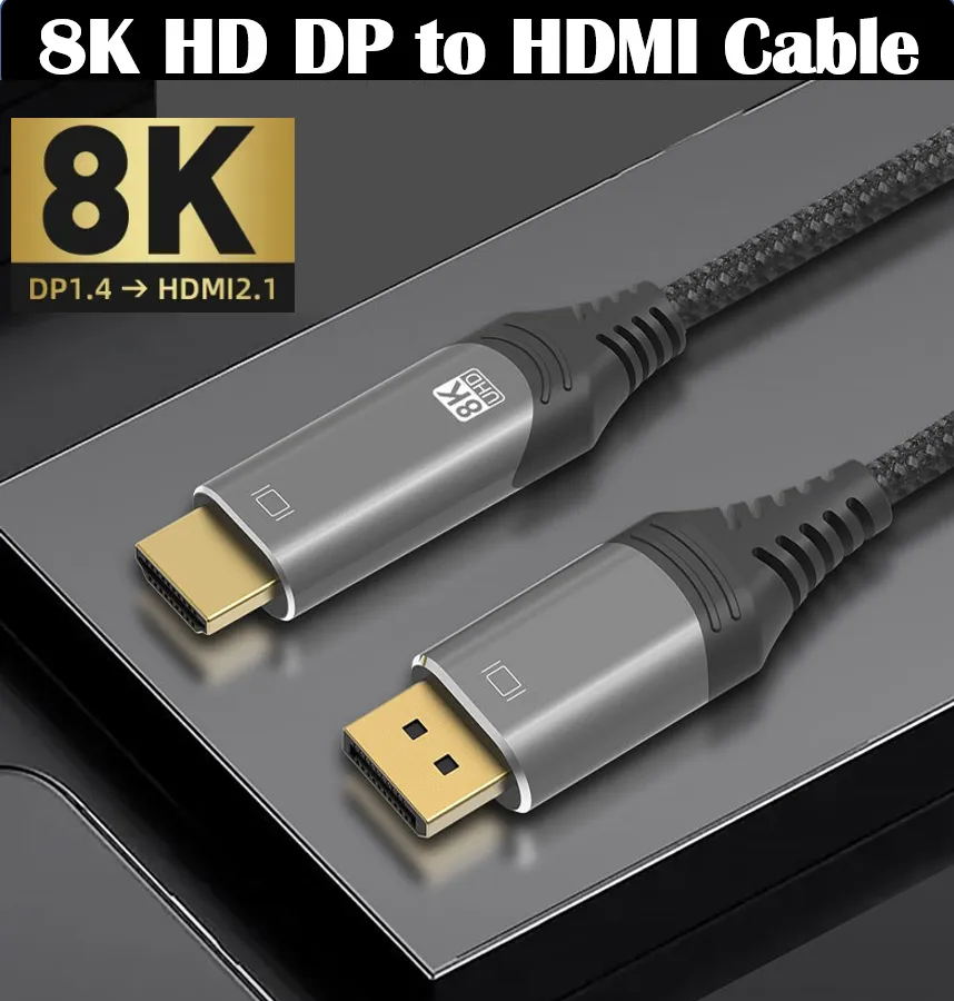 Cable DP 1.4 A HDMI 2.1 8K 60Hz Audio Video HDR 4K144Hz Carcasa De Aluminio Puerto