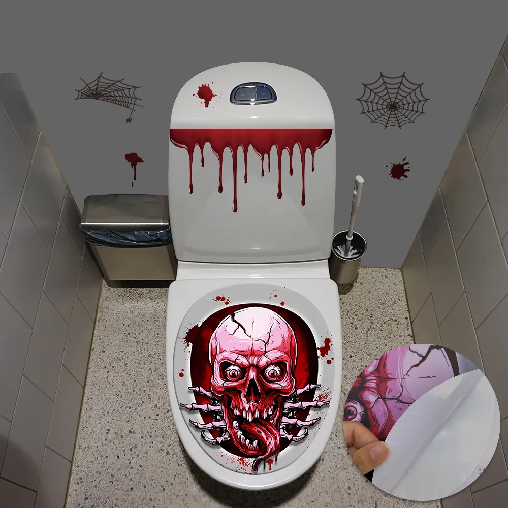 Oggetti decorativi Figurine Teschio di Halloween Horror Copriwater Grabber Adesivo Copertura Ragno Pagliaccio Sangue Impronta di mani Spaventoso Decorazione del partito Topper 230901