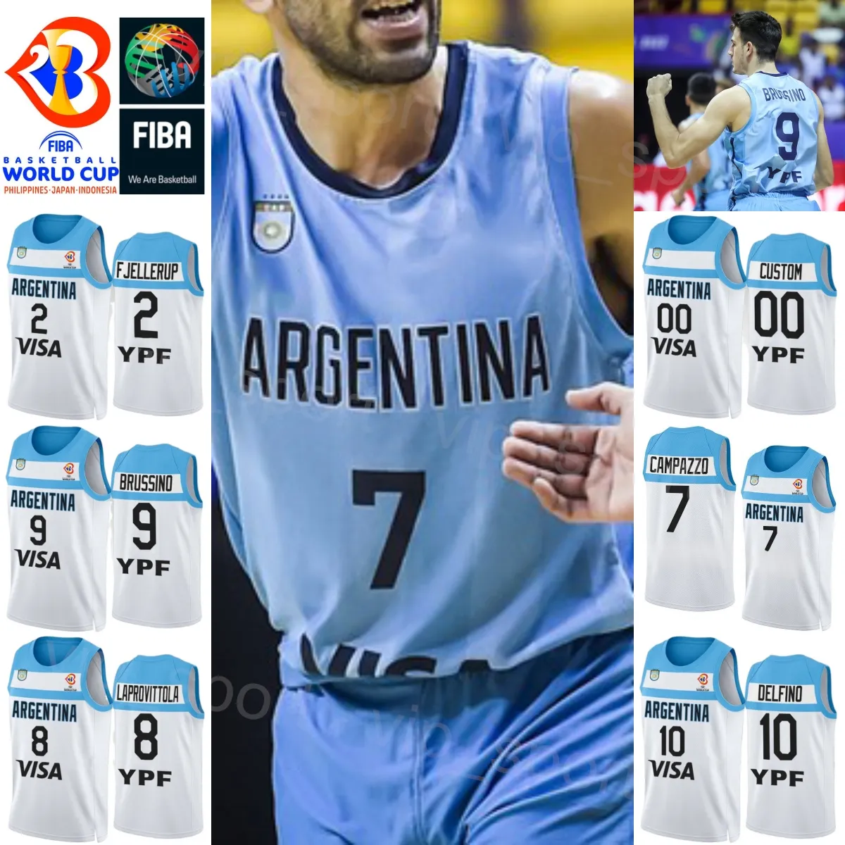 Drucken Argentinien Basketball 7 Facundo Campazzo Trikot 2023 Weltmeisterschaft 5 Manu Ginobili 4 Luis SCOLA 29 Patricio GARINO 14 Gabriel DECK 8 Nicolas LAPROVITTOLA Blau