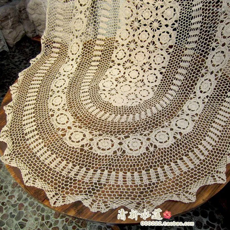 Table Skirt French Fashion Design Handmade Flower Nostalgic Cotton Lace Knitted Dining Oval Vintage Beige Cover