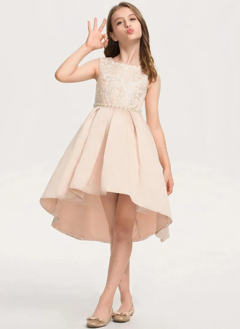 Menina vestidos uma linha colher assimétrico renda cetim vestido de dama de honra júnior com miçangas noite elegante vestidos de banquete