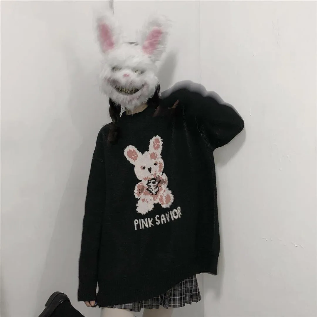 Y2K loose pullover plaid clothing Korean fashion men's European and American retro autumn and winter Harajuku rabbit knitted sweater Gothic casual sweater