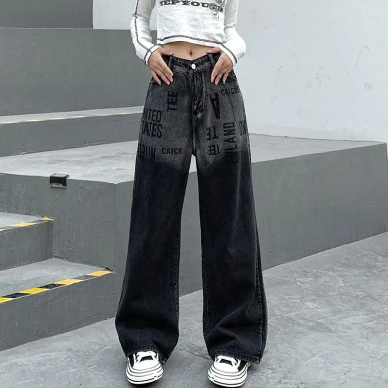 Women's Jeans Vintage For Girl Streetwear High Waist Wide Leg Pants Designer Y2k Clothings Baggy Street Black