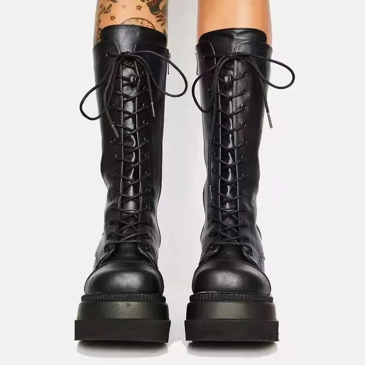 Czarne punkowe damskie botki w środkowej części cielęcia jesienne zimowe ulice gotyckie buty klinowe kobiety masywne buty na platformie wysokie obcasy skórzane buty do dziewcząt buty imprezowe
