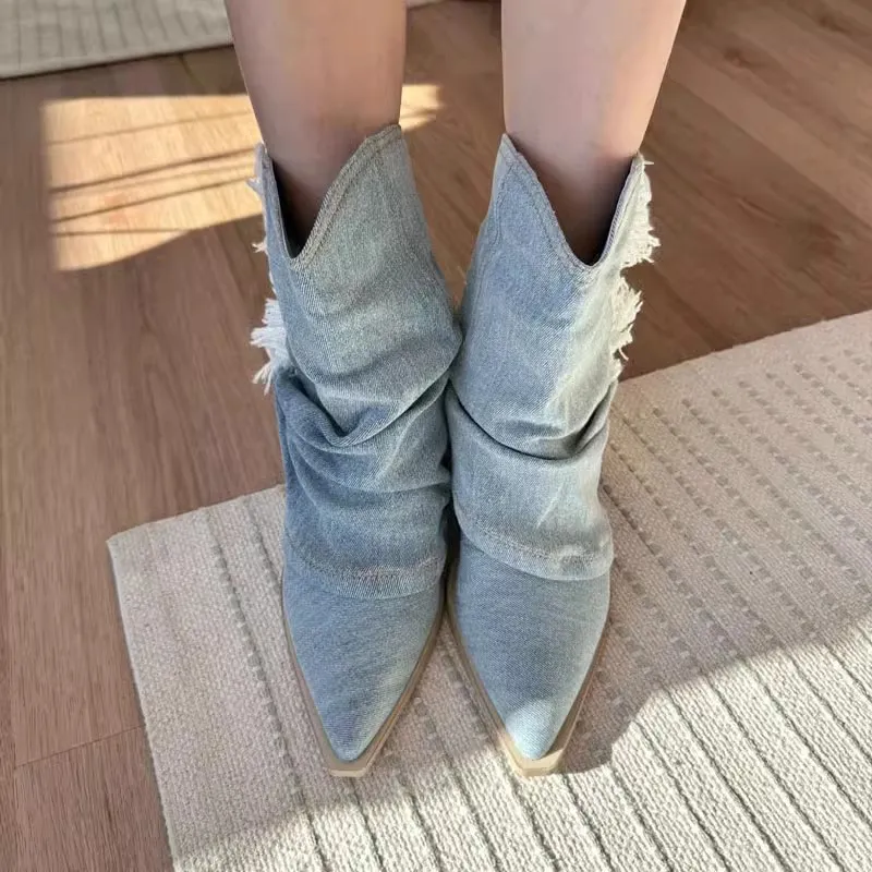 Cuissardes hautes en Denim bleu plissé pour femmes, bottes de Cowboy à talons épais et bout pointu, bottes longues occidentales à enfiler pour filles, chaussures de fête, automne