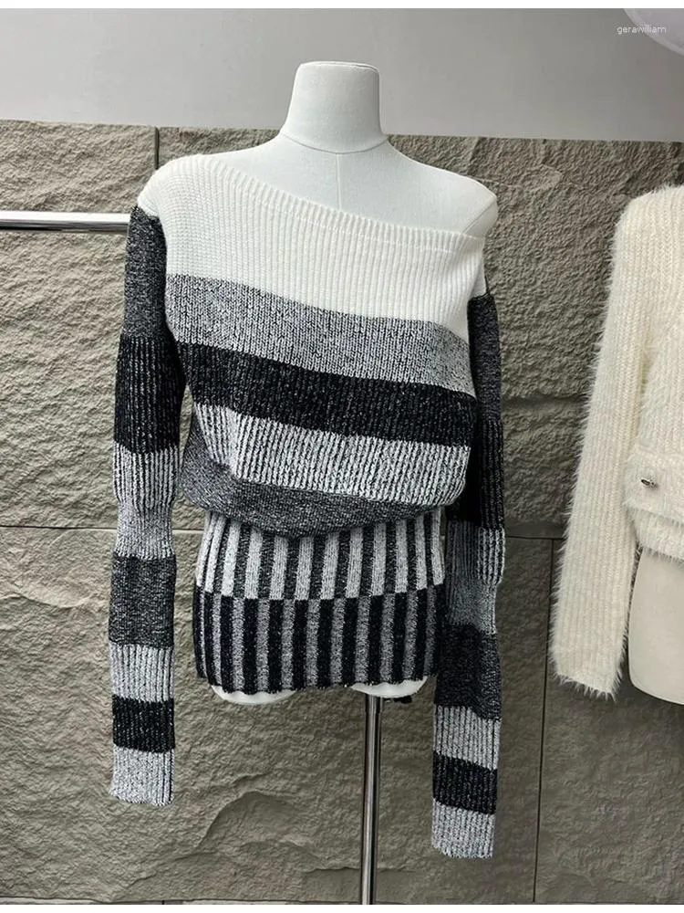 Kadın Sweaters Kontrast Renk Striped Patchwork Kadınlar Örme Külot Outu Gevşek Triko 2023 Sonbahar Kış Boyu Kovan Kazak Kadın