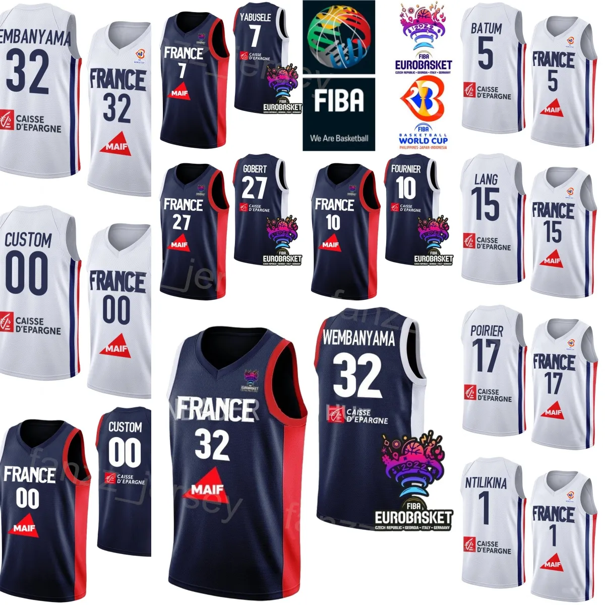 Afdrukken Nationaal team Basketbal Frankrijk Jersey WK 2023 32 Victor Wembanyama 10 Evan Fournier 5 Nicolas Batum Joel Embiid 21 Rudy Gobert 27 00 Sylvain FRANCISCO