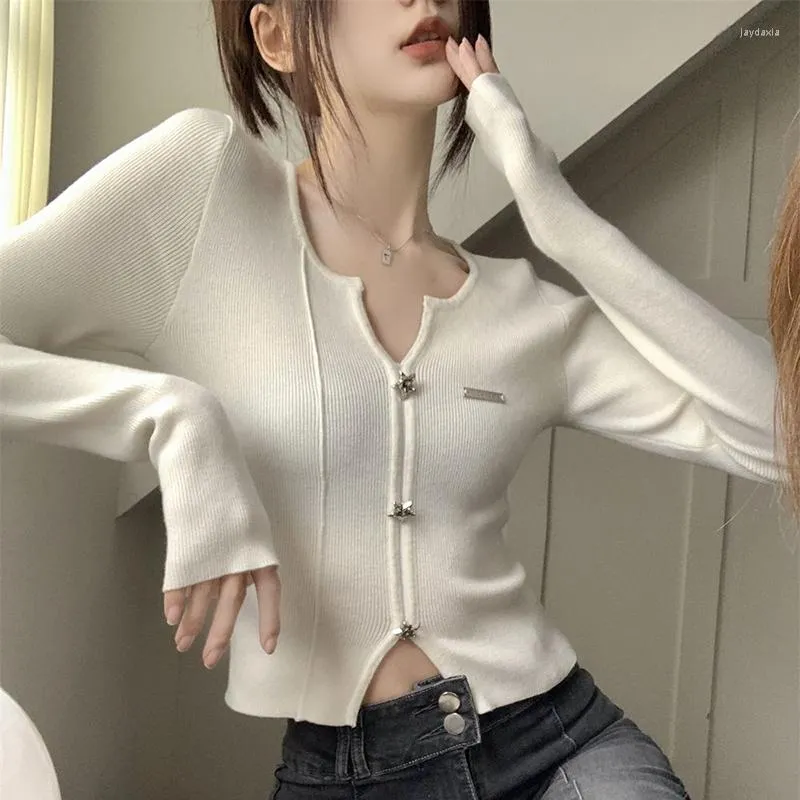 Women's Sweaters Korean Fashion Black Ribbed Zip-up Cardigans Casual Turn-down Goth Collar Long Sleeve Autumn Sweater Sexy Cropped Tops