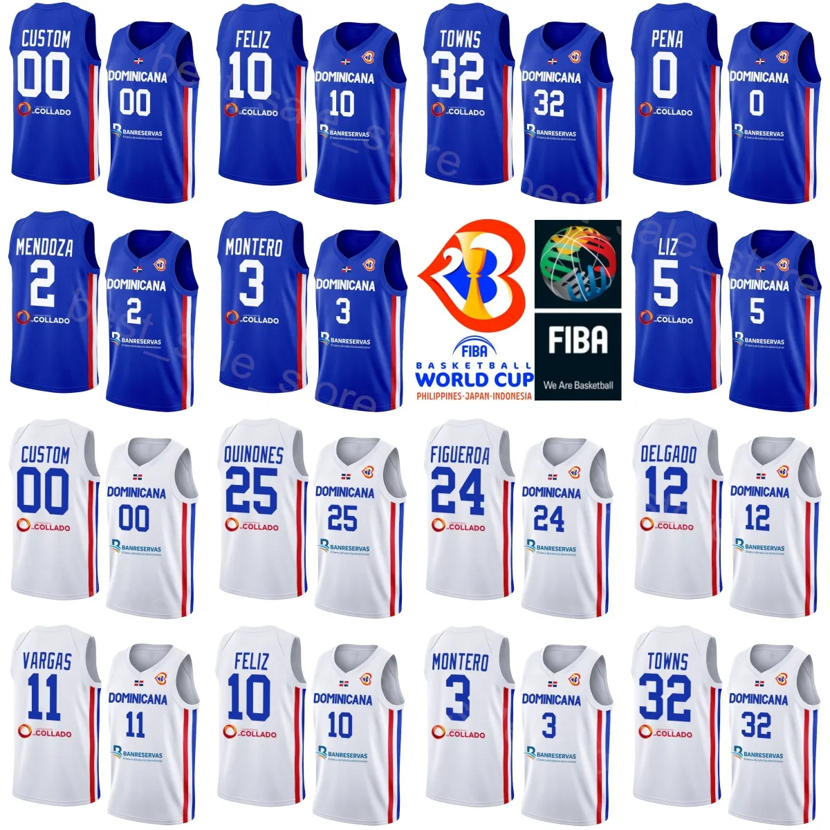 Bedrucktes Basketball-Trikot der Dominikanischen Republik, Nationalmannschaft 12 Angel Delgado 24 L.J. Figueroa 25 Lester Quinones 11 Eloy Vargas 2 Rigoberto Mendoza 2023 Weltmeisterschaft